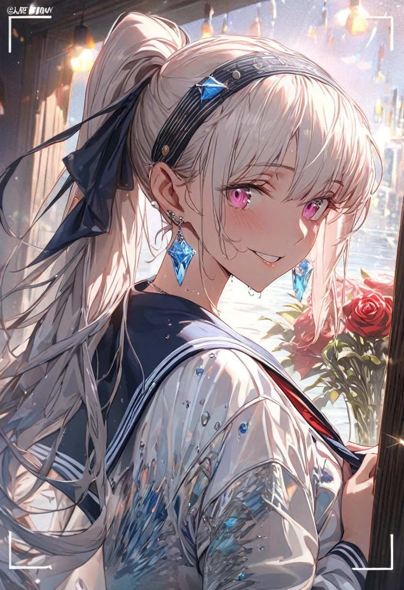 In the background is a garden filled with red roses, Silver Hair, Front Ponytail, Eye Reflexes, Red contact lenses, Pink Eyes,Heterochromia iridis, Put on earrings, blue crystal pendant,Wicked Smile, hair band,High detail, Romanticism, Depth of written boundary, Shine, Ray Tracing, Viewfinder, Zoom Layer, close, Bokeh, Anatomically correct, High details, 1080P, Ultra Hi-Vision
woman,High Ponytail,Sailor suit,Half a water,get wet,More on water patterns on clothes,The expression is solemn,Holding a knife,Detailed depiction of shiny blades,reflected light,
ゴージャスで繊細にShine小さな蝶の髪飾り,Vibrant colors,Detailed engraving,Shine brightly,Attention to detail,The jewelry is of high quality,Very high quality