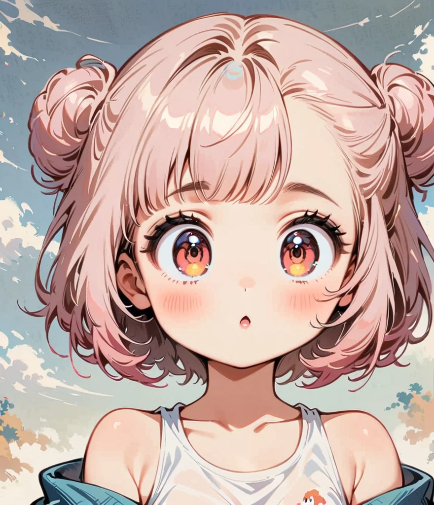 少しsexyにする、にっこり笑う、pale pink hair、Short hair with a bun、Cartoon style character design，1 Girl, alone，Big eyes，Cute expression，Tank top、interesting，interesting，Clean Lines