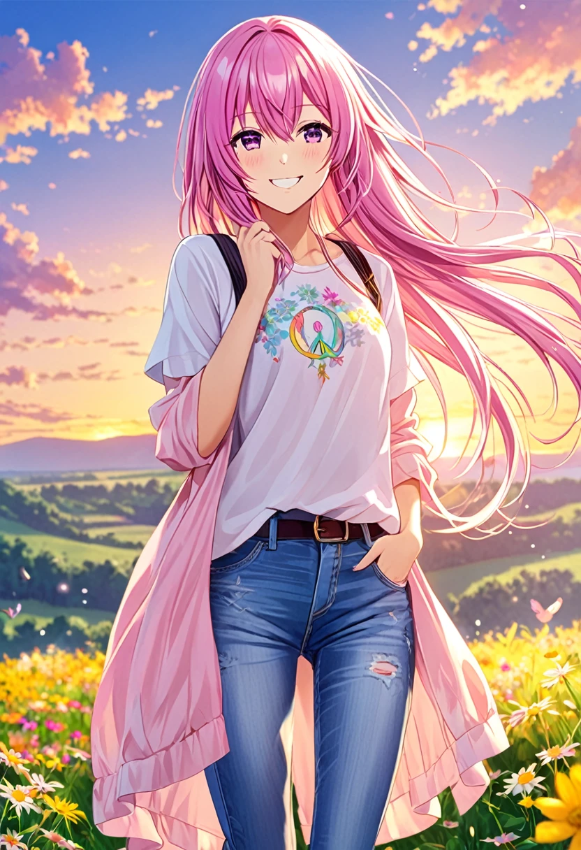 Megurine Luka smile casual clothes jeans colorful morning peace