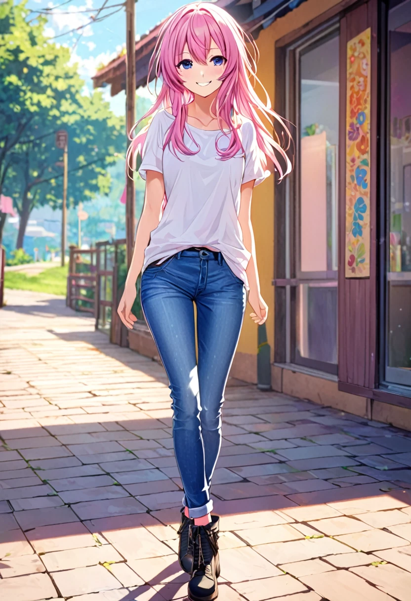 Megurine Luka smile casual clothes jeans colorful morning peace
