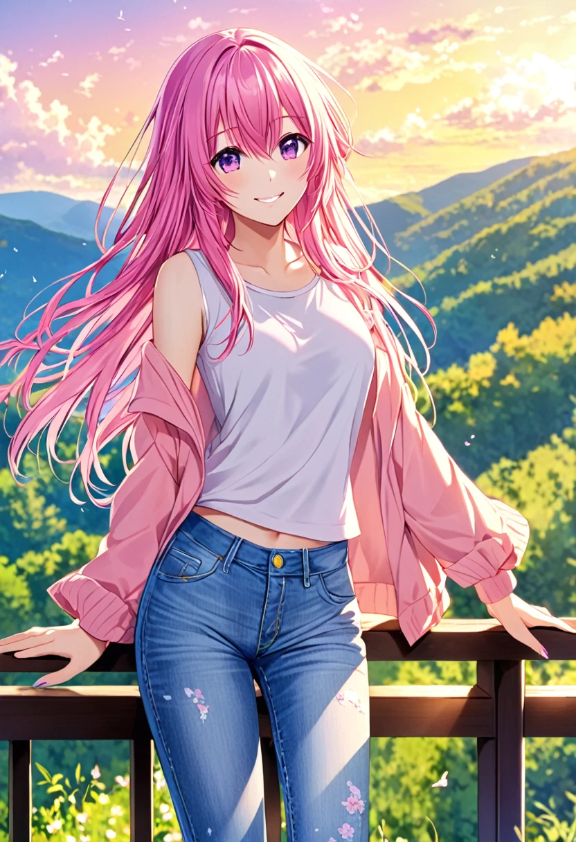 Megurine Luka smile casual clothes jeans colorful morning peace