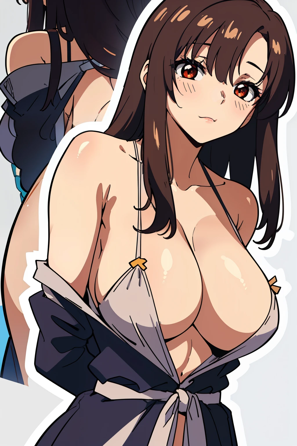 (beautiful detailed eyes:1.5, beautiful detailed face:1.2, beautiful detailed hair), Murrue Ramius, a woman, red eyes, blush, milf, wife, sexy, Curvy, (brown hair, long hair, bangs), (sagging large breasts:1.5), (negligee:1.5, no bra), arms behind back, upper body, standing, (Perfect detailed Anatomy, beautiful detailed hair, perfect female body:1.2, shiny skin), (thick outline, Beautiful outlines, black outlines), simple background:1.5