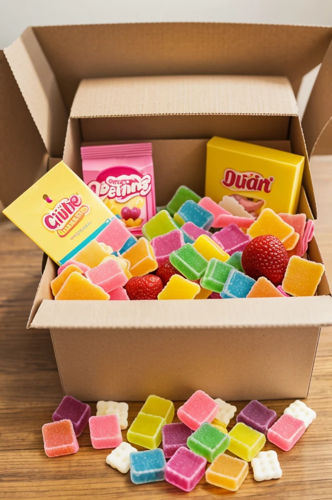 Create an advertising image of an arrangement of a box that has 1 cupcake, Sweet gummies, 1 snack , 1 juice box, everything in the basket for girls and boys