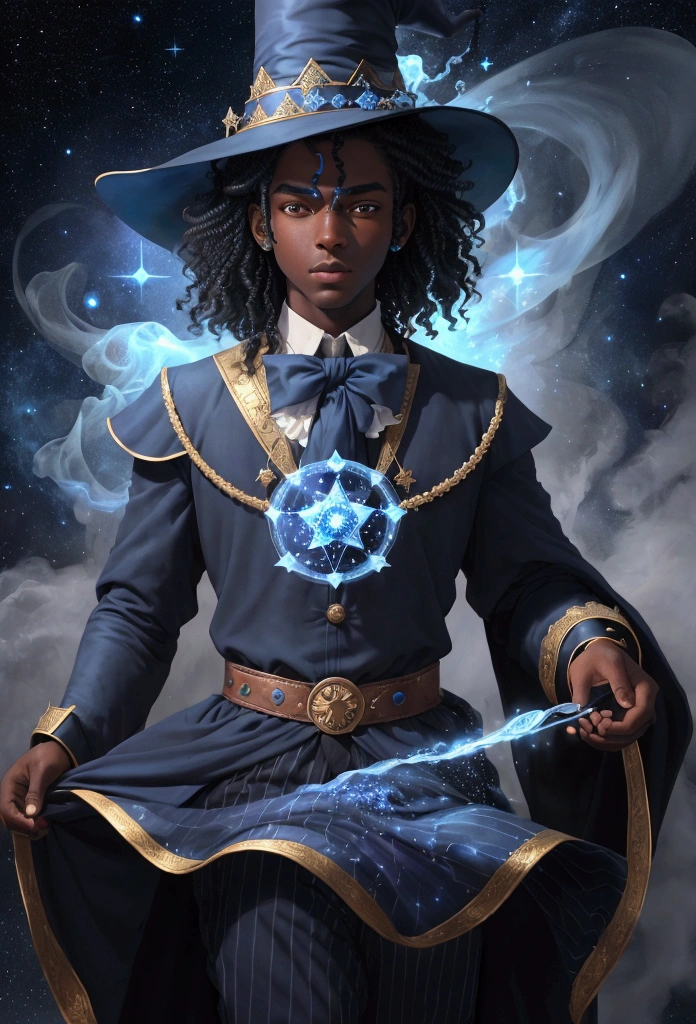 ((best qualityer)), ((work of art)), (detailded), 1 boy, darkskin, black curls, magician, Mediovale, Wide hat, blue and starry hat, chapéu de magician azul, starry outfit, magie, magician, sorcerer, bonitas, blue and white outfit, RPG, blue colored eyes, magical atmosphere, blue background