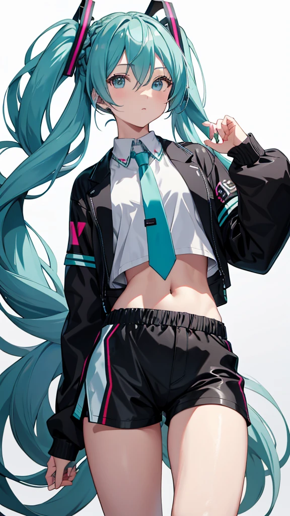 masterpiece, hatsune miku, White shirt, Blue tie, Exposing shoulders, The sleeves are separated, Evil Smiley Face, Dark Skin, Red eyes, Iris, Pupil orange,