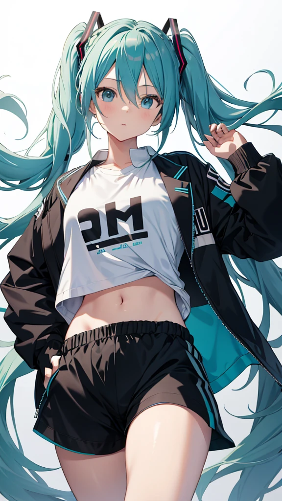 Hatsune miku add_detail:1, belly button, looking at the viewer, hand on hip, black jacket, lycra shorts, ingle, (white shirt:1.2), braid, very long hair, Wide hips, 
under the chest, shirt, 
Big\(Body proportions\), sensual pose