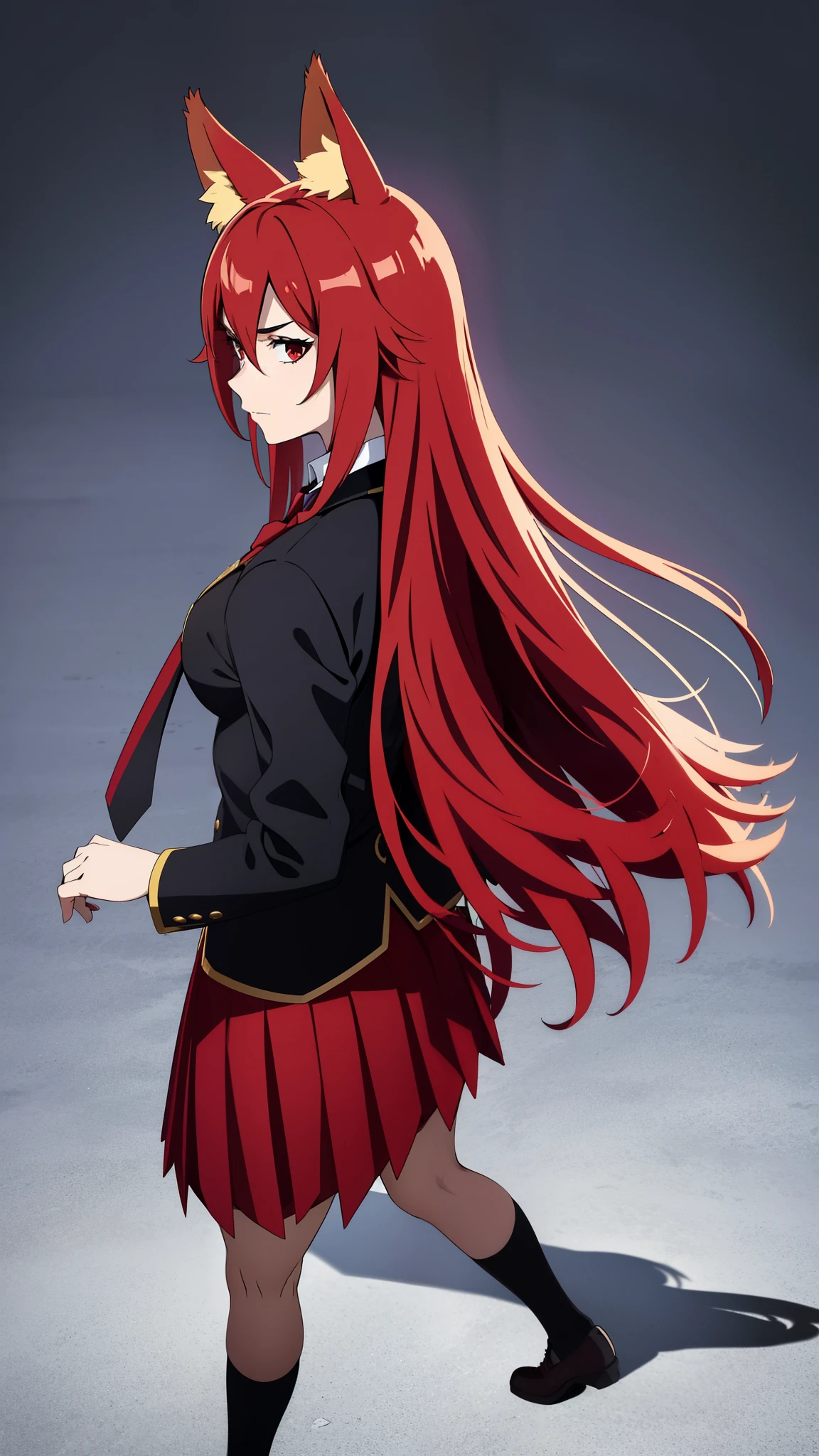 1girl ,20s,mature female,serious face,solo,red hair,red eyes,long hair,fox ears,hair between eyes,(simple background),necktie,black jacket, blazer,long sleeves,pleated skirt,full body,from back,(looking ay view),walking