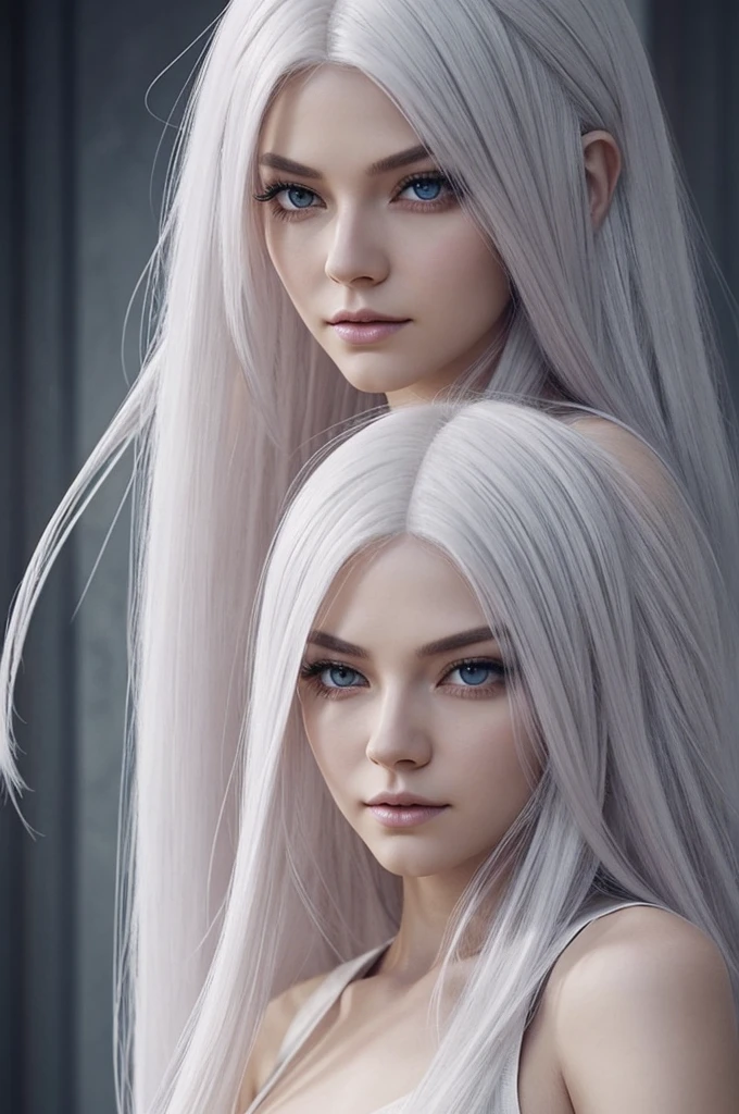 I want to create a female character with pinkish white skin, long hair cut with white hair color and large gray eyes and long eyelashes, tall and slim build, I want the design to be based on the Netflix series Arcane