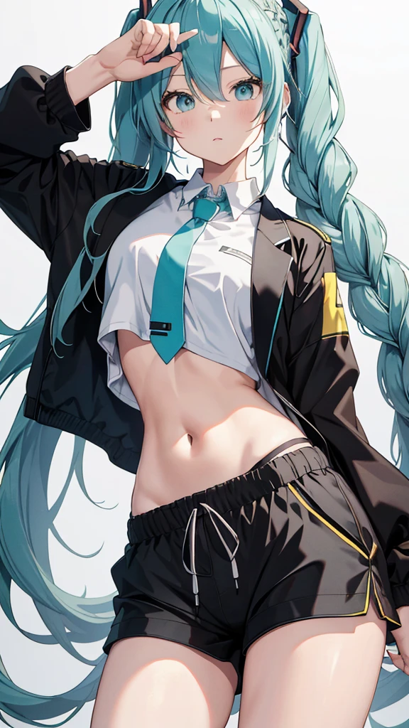 Hatsune miku add_detail:1, belly button, looking at the viewer, hand on hip add_detail, black jacket, lycra shorts, ingle, (white shirt:1.2), braid, very long hair, Wide hips,
under the chest, shirt,
Big\(Body proportions\), sensual pose add_detail