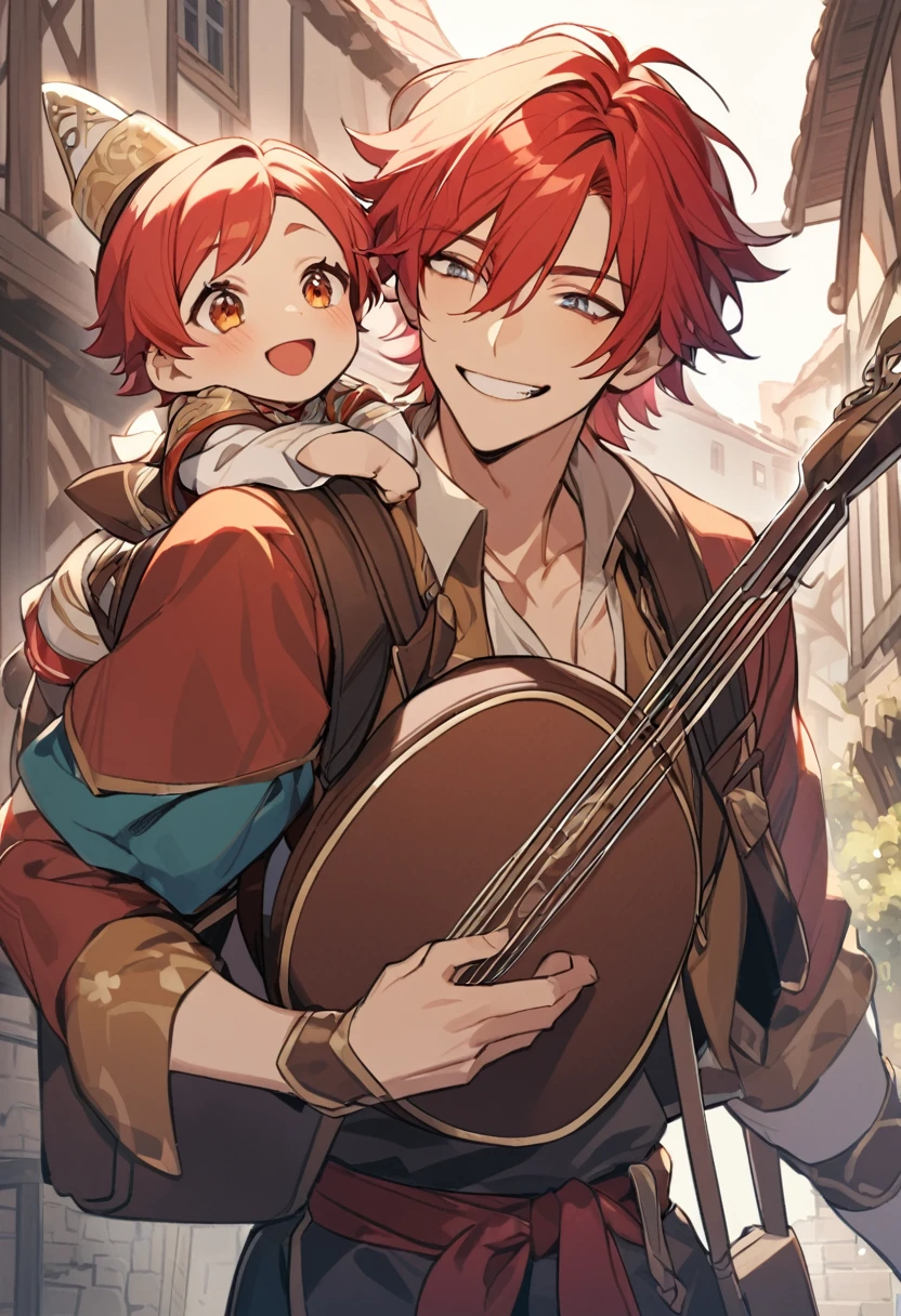 young boy, naughty man, tall and kinda thin, red hair, eyes browns, bard clothes, carries a lute on his back, Grinning, is he happy, him'is sitting on top of a worn out roof, in the background a small village with a bell in the middle, 2d art, anime styling, inspired by kvothe from the name of the wind