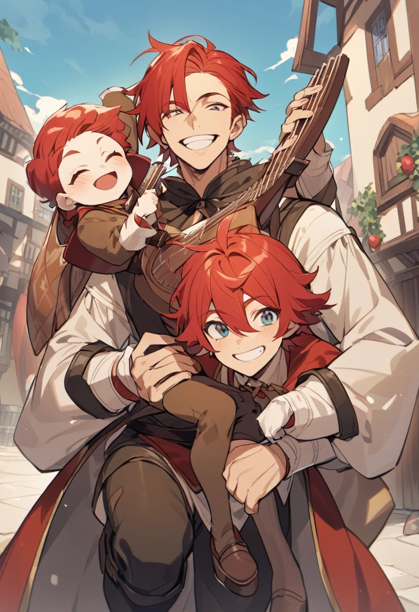 young boy, naughty man, tall and kinda thin, red hair, eyes browns, bard clothes, carries a lute on his back, Grinning, is he happy, him'is sitting on top of a worn out roof, in the background a small village with a bell in the middle, 2d art, anime styling, inspired by kvothe from the name of the wind