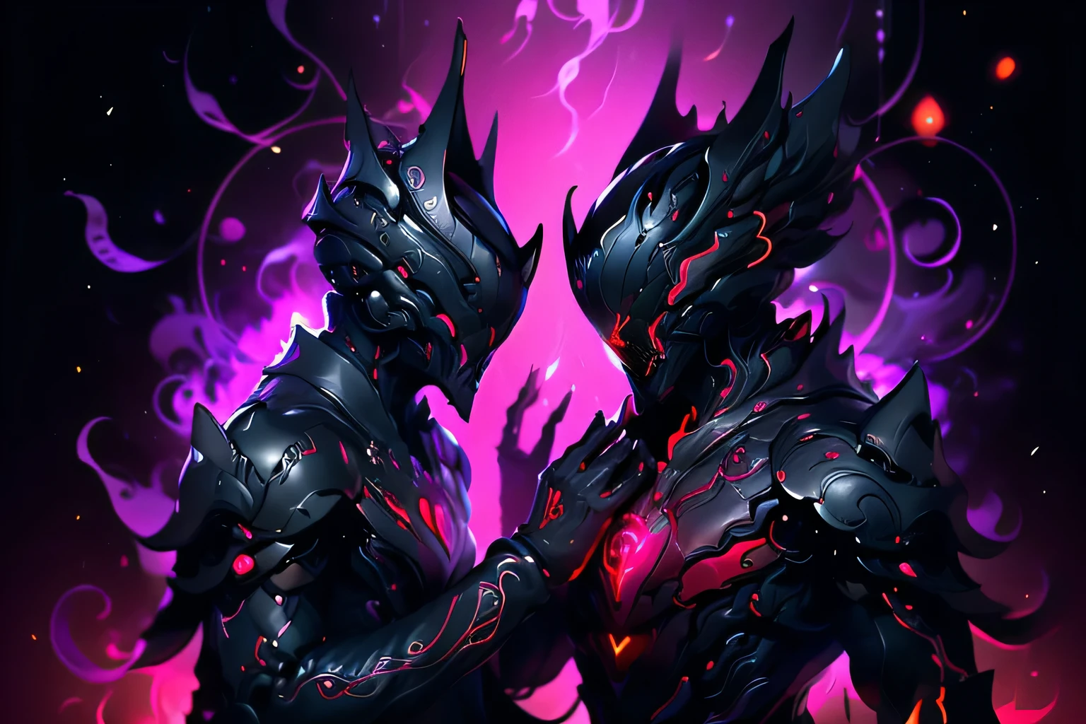 Beautifully detailed images，Depicts two people, Radiate magical energy. Shiny and sharp blade,Black light, Bends and twists when reaching from one hand to the other, Create a mesmerizing, Light red flame rotating ethereal trajectory. The surrounding rooms are bathed in dim light, Deep black light. Macro lens, Prime Time, Soft lighting