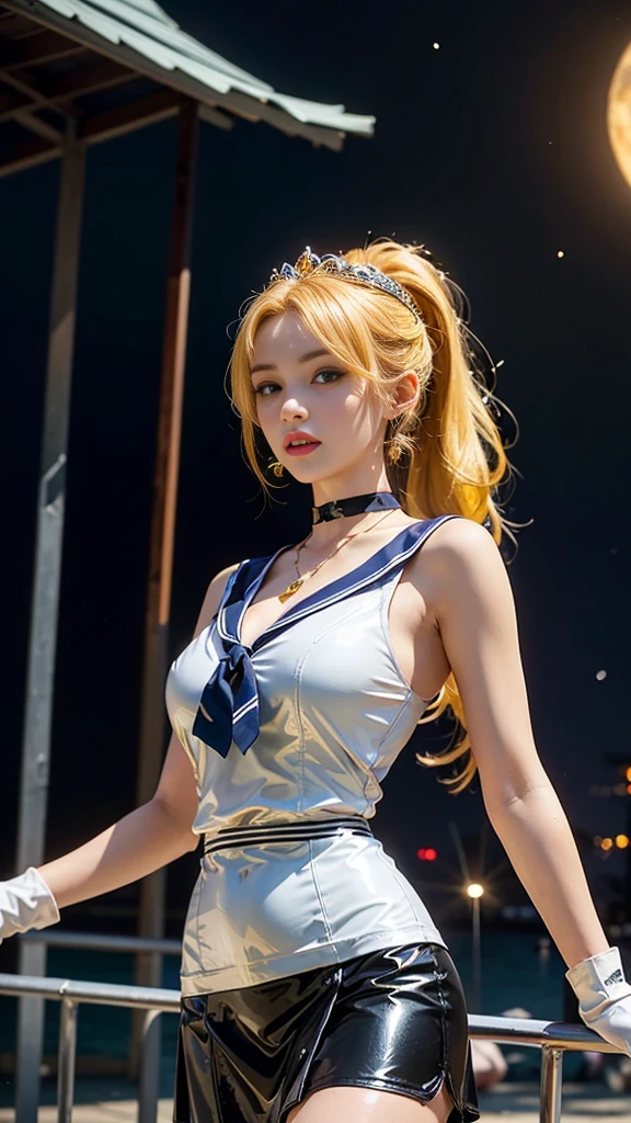 ((masterpiece:1.4)、(Highest quality:1.4)、(Realistic:1.7))、Masterpiece:1.4、(Top-notch rendering:1.4)、beautiful girl、(beautiful girl戦士セーラームーン2:1.7)、moon野うさぎ、(Body Fit y Sailor Warrior Uniform:1.4)、y latex:1.7)、(The jacket is a white sleeveless sailor suit....:1.4)、(Skire Sexy Ultra Ul Pleated Mini Skirt:1.4)、The sailor suit collar has two thin blue lines...............:1.2、High leg swimsuit、Red cloth decoration on chest:1.2、(Wearing white gloves)、Cute Girl、Super Beauty、Sharp Focus、Portrait Photography:1.4、8K、Photorealistic images:1.4、(Perfect female body:1.4)、Perfect proportions、(Upper body shot:1.4)、Beautiful Face、Beautiful Eyes、(Narrow waist:1.4)、(9-body proportions beautiful girl:1.4)、(足が長くスタイルの良いbeautiful girl:1.4)、Beautiful feet:1.2、(Yellow Hair:1(Long Hair:1.2)、(ponytail:1.2)、Beautiful breasts、Large Breastexy ass、Raw ph lips、Red h heels4、choker:1.4、necklace:1.4、Earrings:1.4、Gorgeous golden tiara:1.4、1 Screen Display:1.4、moon、universe、universe船、universeステーション、City of the Future
