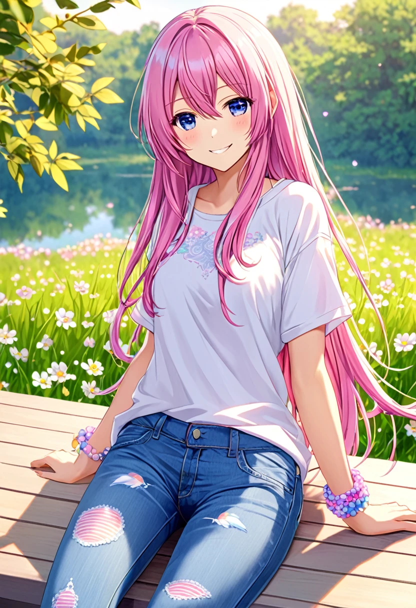 Megurine Luka smile casual clothes jeans colorful morning peace