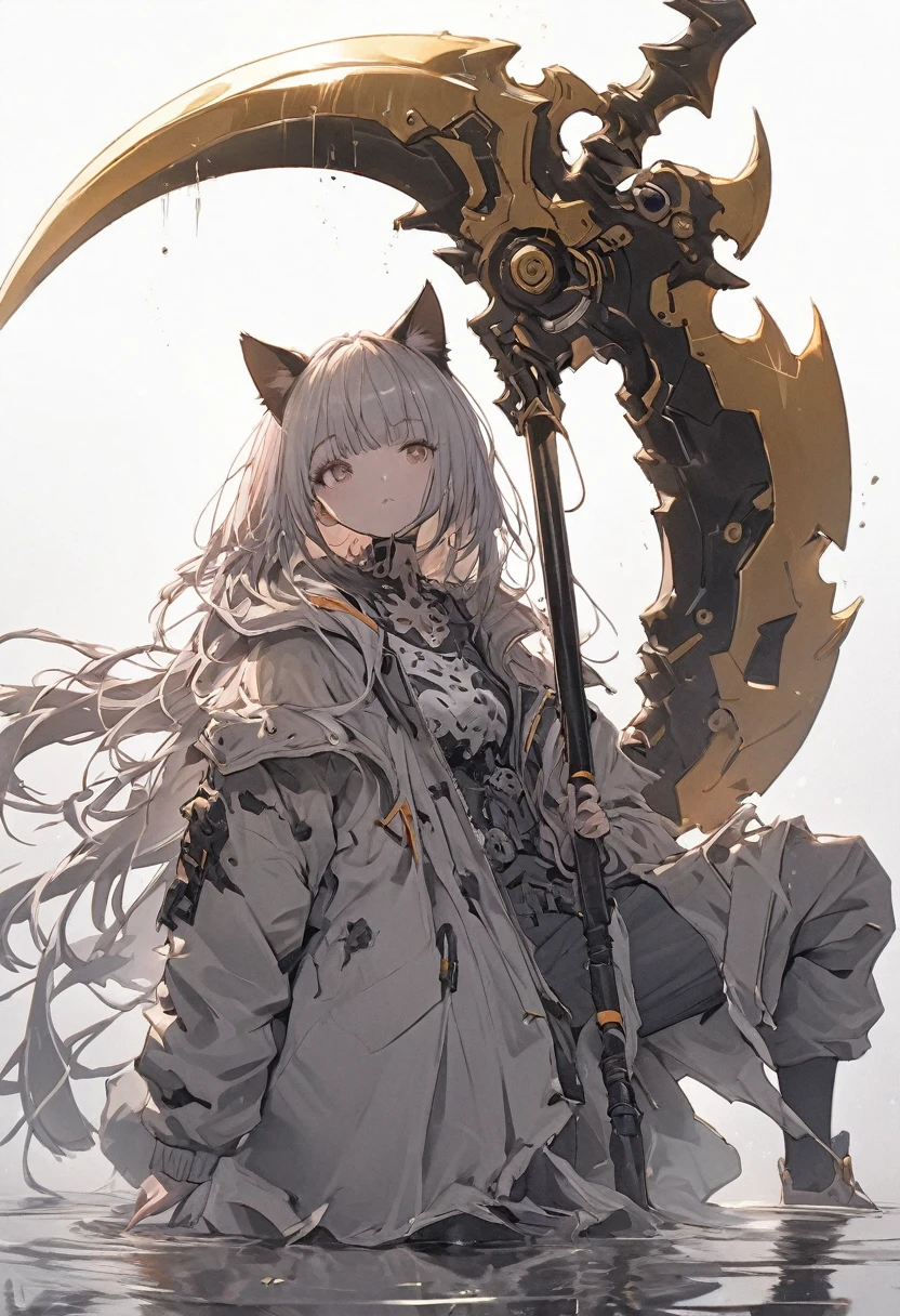 Detailed silhouette of a cyberpunk girl with cat ears and a tail, Flowing, Tattered coat, He carries a giant golden scythe with a mechanical cheetah design on it., Stand on the glossy, Minimalist reflective surface, Soft Gray Background.