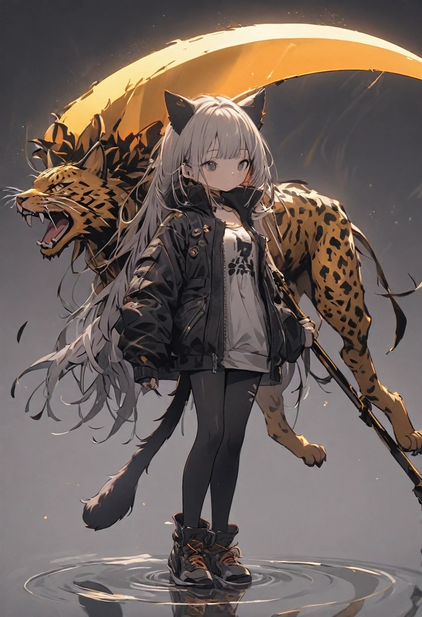 Detailed silhouette of a cyberpunk girl with cat ears and a tail, Flowing, Tattered coat, He carries a giant golden scythe with a mechanical cheetah design on it., Stand on the glossy, Minimalist reflective surface, Soft Gray Background.