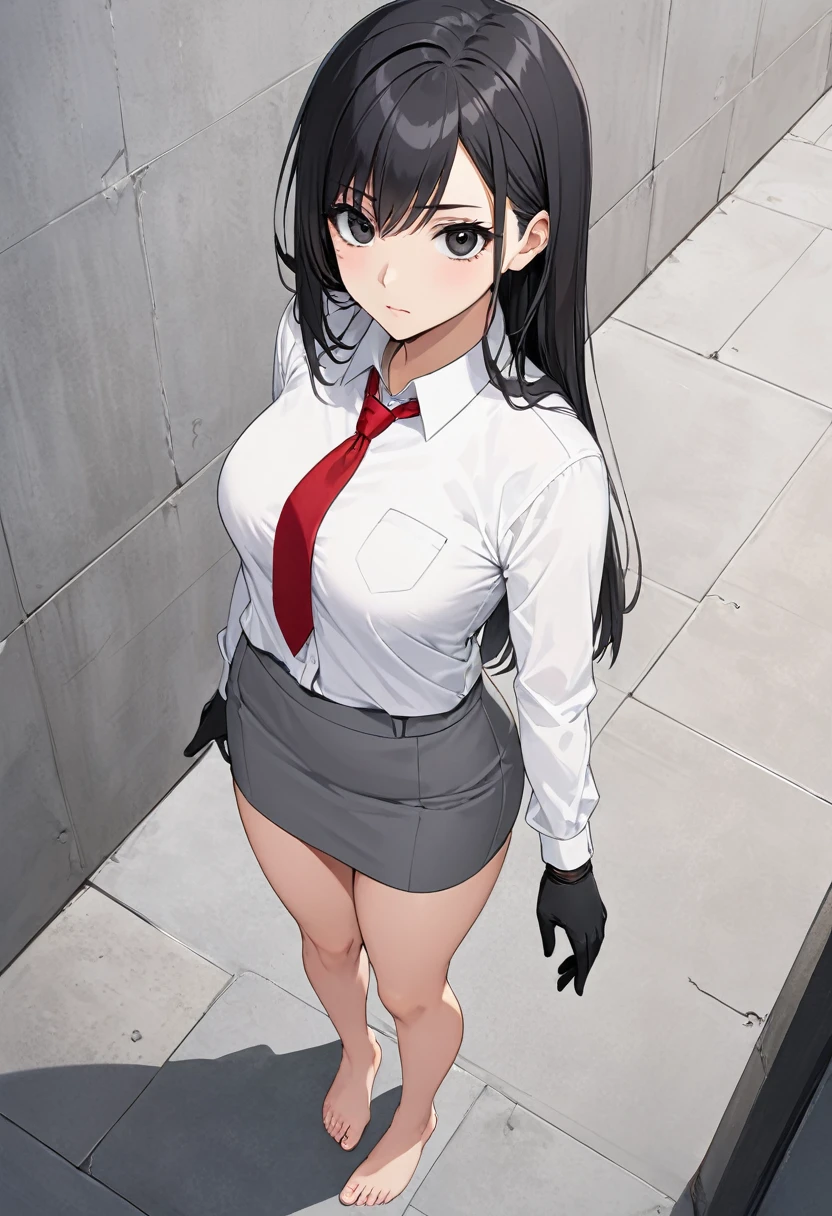 gray miniskirt , bare foot , white dress shirt , Gray pencil skirt , whole body , thighs , black hair , black eyes , straight hair , long sleeves , bare legs , View from above , Black gloves , , red tie , standing posture