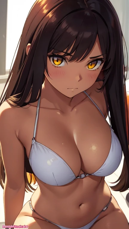 summer_sweet potato, yellow_eyes, wide, maduro, Alone muslo alto, by white, thigh strap, Bikini, 1 girl, Alone, close up