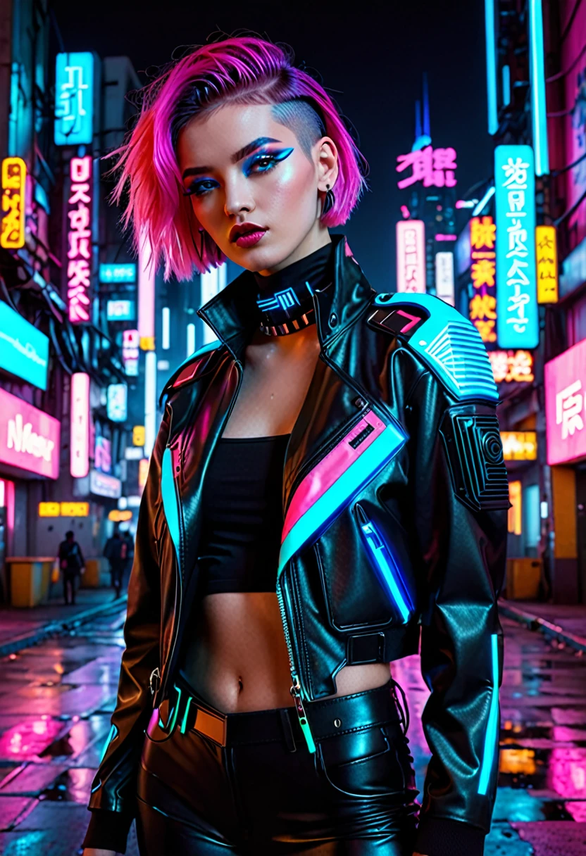 The image depicts a person with a striking cyberpunk-inspired look. The individual has a short, dyed hair style with vibrant shades of pink and blue, and their makeup is equally bold, featuring neon accents that complement the hair colors. They are wearing a black leather jacket adorned with neon pink and blue accents, giving it a futuristic, high-tech appearance. The jacket has a distinctive design with what appears to be a camera or sensor integrated into the chest area, adding to the cybernetic aesthetic.

The person is also wearing a black top with a similar neon design, and the overall outfit is completed with what seems to be a black choker necklace. The background is a cityscape at night, illuminated by neon lights, which enhances the cyberpunk theme of the image. The lighting and color grading contribute to a moody and atmospheric vibe, suggesting a setting that is both urban and otherworldly. The image is likely a creative concept or a promotional piece for a fashion or entertainment project that embraces the cyberpunk genre.