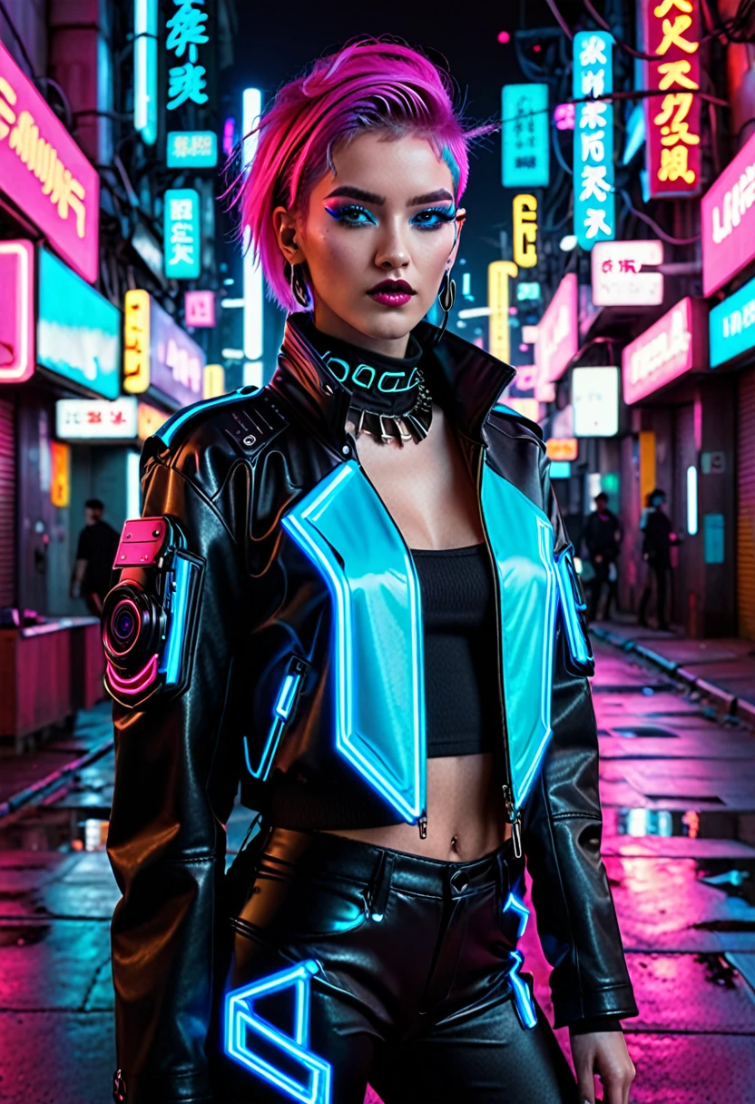 The image depicts a person with a striking cyberpunk-inspired look. The individual has a short, dyed hair style with vibrant shades of pink and blue, and their makeup is equally bold, featuring neon accents that complement the hair colors. They are wearing a black leather jacket adorned with neon pink and blue accents, giving it a futuristic, high-tech appearance. The jacket has a distinctive design with what appears to be a camera or sensor integrated into the chest area, adding to the cybernetic aesthetic.
The person is also wearing a black top with a similar neon design, and the overall outfit is completed with what seems to be a black choker necklace. The background is a cityscape at night, illuminated by neon lights, which enhances the cyberpunk theme of the image. The lighting and color grading contribute to a moody and atmospheric vibe, suggesting a setting that is both urban and otherworldly. The image is likely a creative concept or a promotional piece for a fashion or entertainment project that embraces the cyberpunk genre.