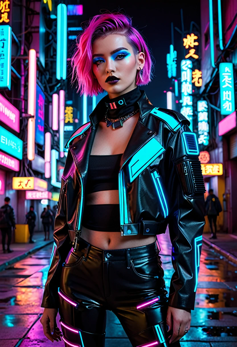 The image depicts a person with a striking cyberpunk-inspired look. The individual has a short, dyed hair style with vibrant shades of pink and blue, and their makeup is equally bold, featuring neon accents that complement the hair colors. They are wearing a black leather jacket adorned with neon pink and blue accents, giving it a futuristic, high-tech appearance. The jacket has a distinctive design with what appears to be a camera or sensor integrated into the chest area, adding to the cybernetic aesthetic.

The person is also wearing a black top with a similar neon design, and the overall outfit is completed with what seems to be a black choker necklace. The background is a cityscape at night, illuminated by neon lights, which enhances the cyberpunk theme of the image. The lighting and color grading contribute to a moody and atmospheric vibe, suggesting a setting that is both urban and otherworldly. The image is likely a creative concept or a promotional piece for a fashion or entertainment project that embraces the cyberpunk genre.