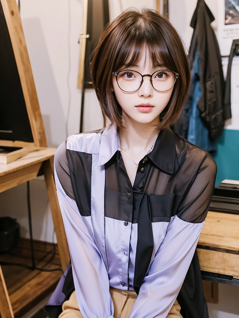 In manhwa art style young adult Korean woman 24s. Her haircut is hime cut with bangs and ginger color. Her face is oval , which carry a hopefully and cool face. Her skin is radiant and clear, and her lips is red pink. Brown color eyes are captivating and beautiful. She is wearing a black pants and blue long-sleeved and glasses blouse while inside his photographic studio