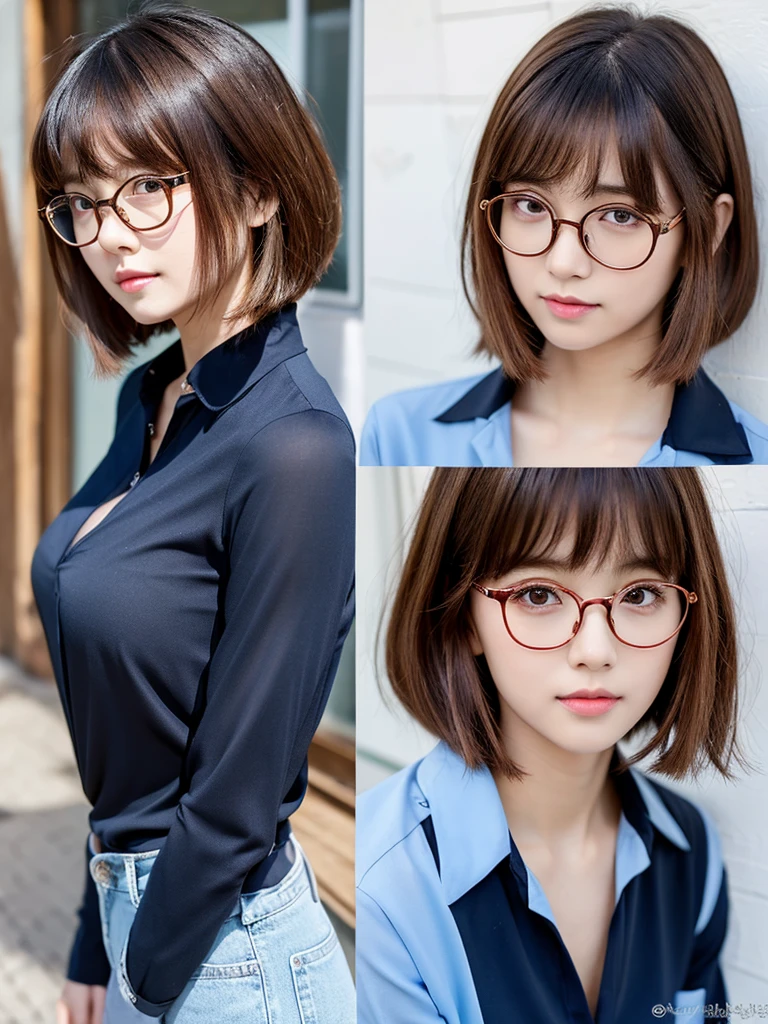 In manhwa art style young adult Korean woman 24s. Her haircut is hime cut with bangs and ginger color. Her face is oval , which carry a hopefully and cool face. Her skin is radiant and clear, and her lips is red pink. Brown color eyes are captivating and beautiful. She is wearing a black pants and blue long-sleeved and glasses blouse while inside his photographic studio 