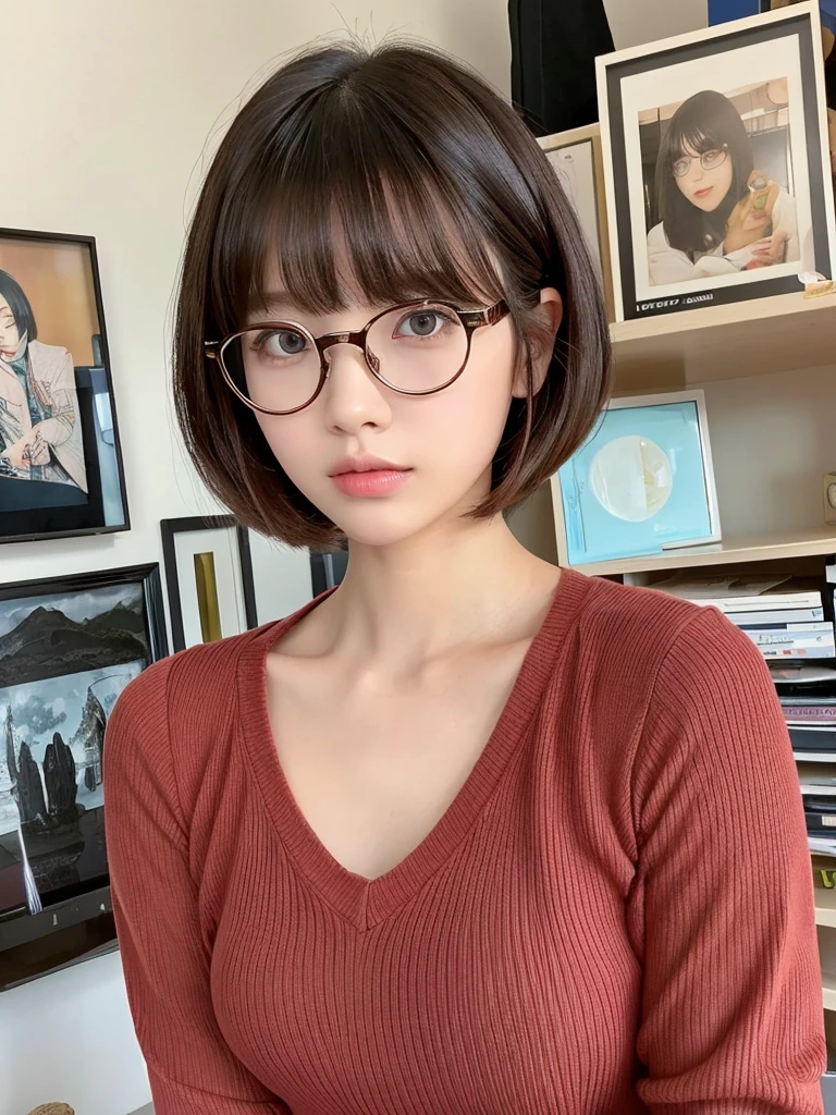 In manhwa art style young adult Korean woman 24s. Her haircut is hime cut with bangs and ginger color. Her face is oval , which carry a hopefully and cool face. Her skin is radiant and clear, and her lips is red pink. Brown color eyes are captivating and beautiful. She is wearing a black pants and blue long-sleeved and glasses blouse while inside his photographic studio