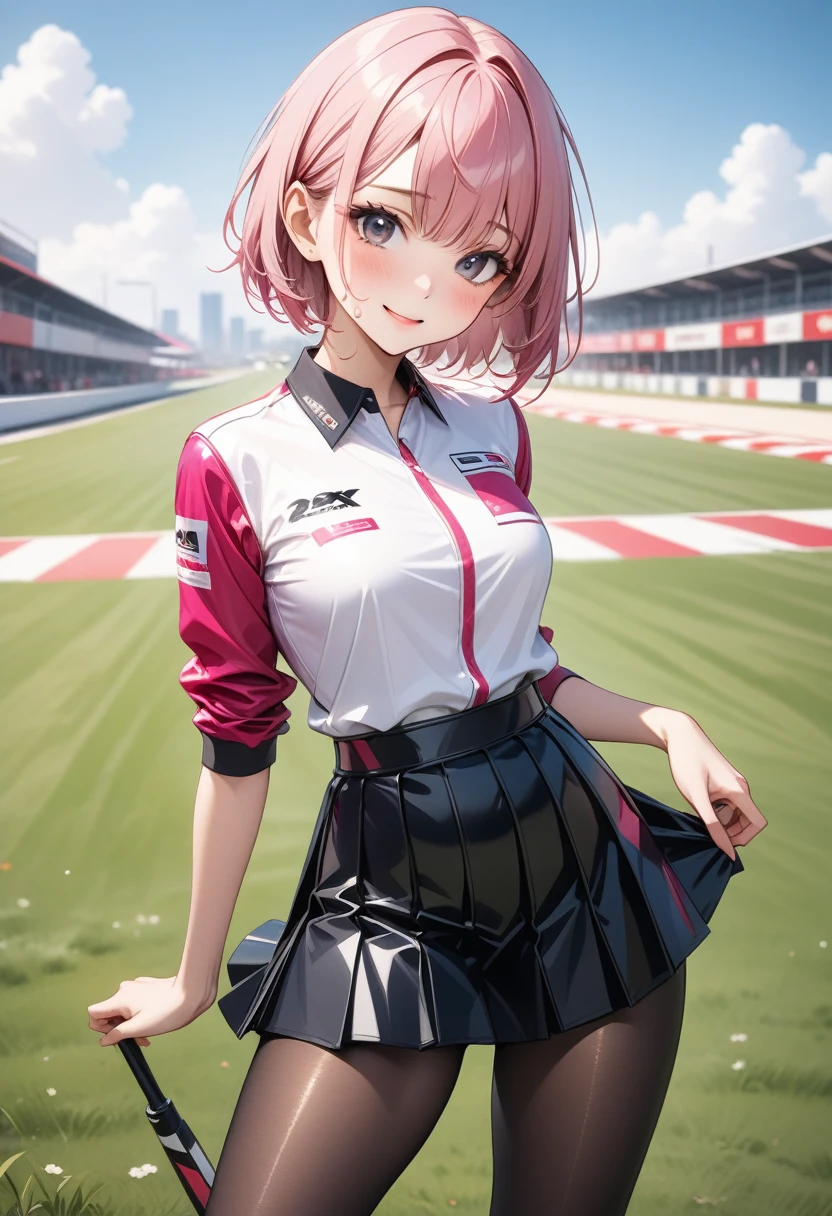 ((race queen)), (((Pleated skirt))), luster Outfit, (Black pantyhose), (latex high heel boots), skinny, solo, 1 woman, Masterpiece, highest quality, highest quality, 16K, incredibly absurd, highly detailed, 2.5D, ai-generated, delicate and dynamic, very delicate facial expressions, delicate eye depiction, erotic, only sexy woman, ((A cute and kind face)), healthy figure, ((25-year-old woman)), 160cm tall, medium firm swaying bust, (short hair), (pink hair:1.5), bob cut, black eye, blush, Sweat,Embarrassed,sexy, ((thin thighs)), (camel toe:0.8), (Erect nipples:0.9), (visible nipples:0.5), ((shiny and lustrous)), facing straight at viewer, smile, (standing), cowboy shot, ((arm at side)), Large park, daytime, bright, on the grass,