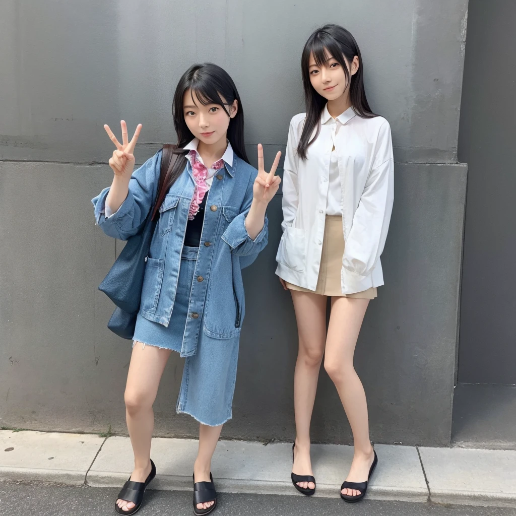 A beautiful Japanese woman is standing with her legs apart, making a double peace sign and rolling her eyes.