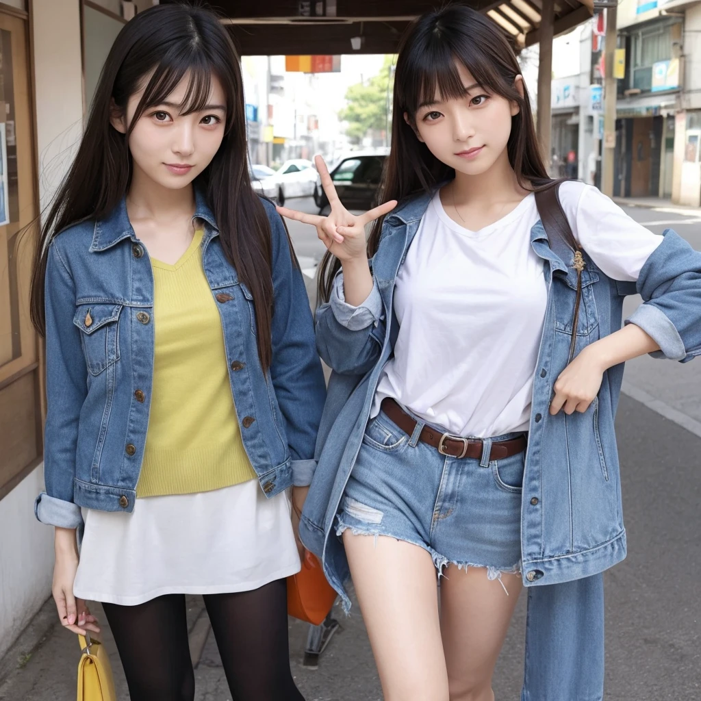 A beautiful Japanese woman is standing with her legs apart, making a double peace sign and rolling her eyes.