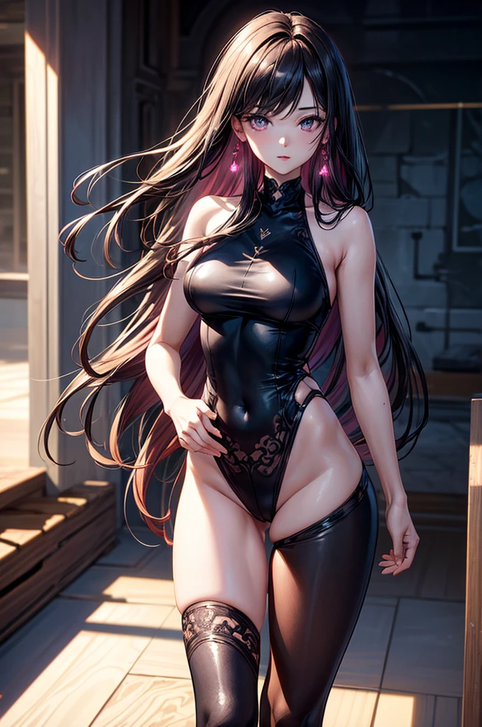 masterpiece, best quality, (extremely detailed CG unity 8k wallpaper), (best quality), (best illustration), (best shadow), absurdres, realistic lighting, (Abyss), beautiful detailed glow, 1 girl, ager, sleeveless plain T-shirt, semi-opaque waist high leggings, sleek dark violet-black hair, waist length flowing hair, big and dark round velvet colored eyes, fringe bangs, oval shaped face, sharp facial features, full cherry pink lips, medium height, slender and slim body type with delicate curves, hip level shot.
