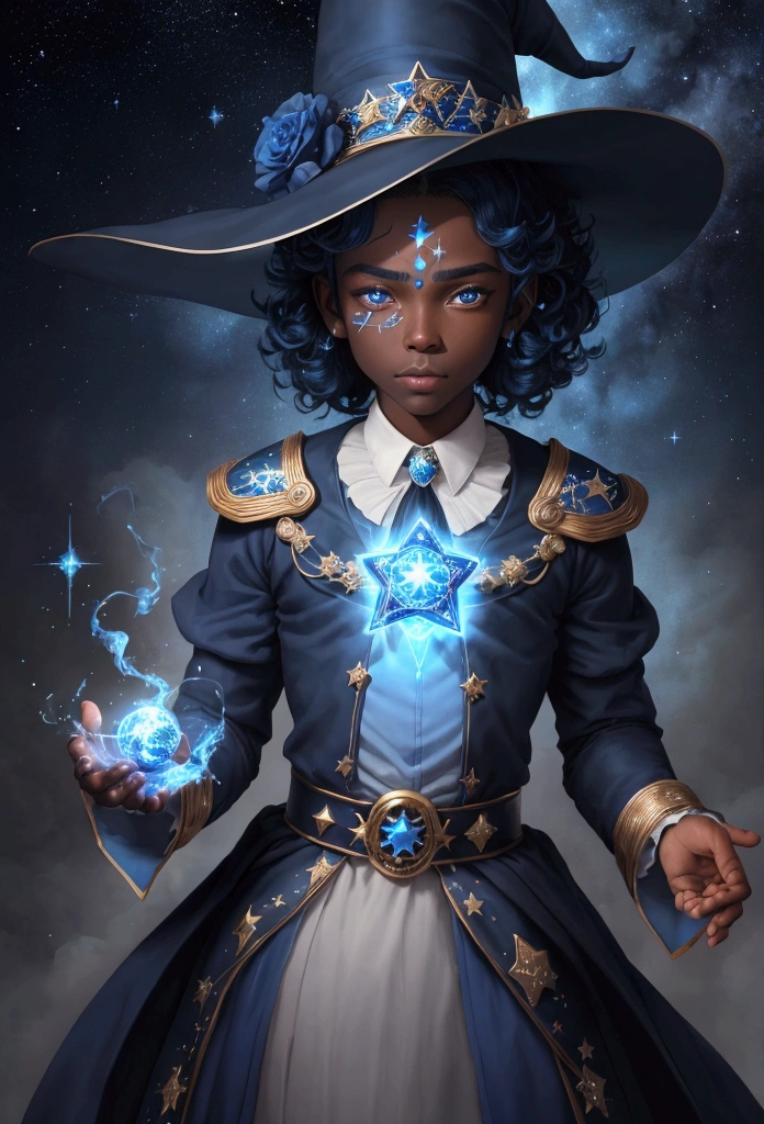 ((best qualityer)), ((work of art)), (detailded), 1 boy, darkskin, black curls, magician, Mediovale, Wide hat, blue and starry hat, chapéu de magician azul, starry outfit, magie, magician, sorcerer, bonitas, blue and white outfit, RPG, blue colored eyes, magical atmosphere, blue background, blue glow on the face, star designs on forehead
