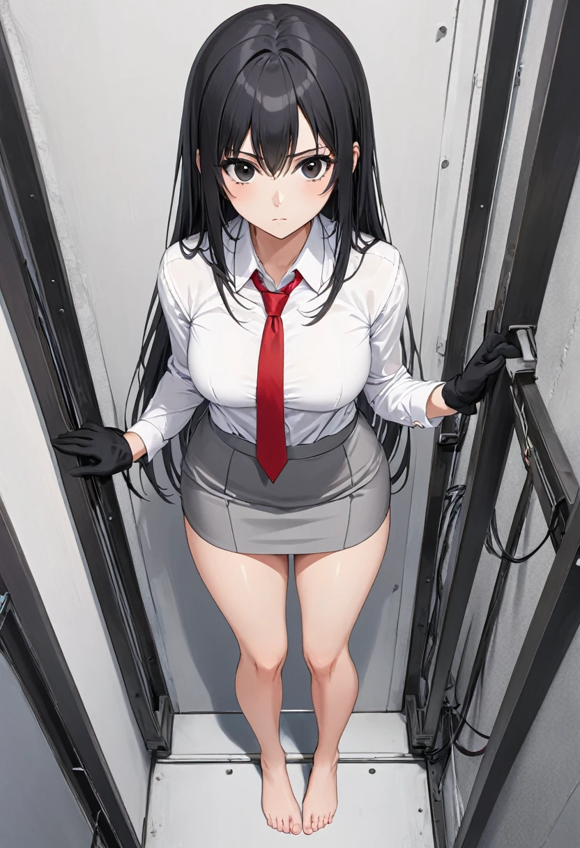 gray miniskirt , bare foot , white dress shirt , Gray pencil skirt , whole body , thighs , black hair , black eyes , straight hair , long sleeves , bare legs , View from above , Black gloves , , red tie , standing posture , Wire