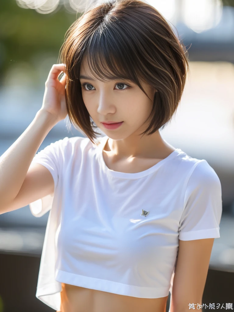 ((Highest quality、In 8K、masterpiece:1.3))、Sharp focus:1.2、Beautiful woman perfect body:1.4、Slim Abs:1.2、((Short Hair:1.2))、(trendy fashion in tokyo、T-Shirts:1.1)、Background white、Wet body:1.5、Three-dimensional texture、Detailed eyes、(Brown Hair、Black Hair:1.2)、Very shiny hair、Backward view、Hair quality improvement、Handsome short、Short-haired blonde。