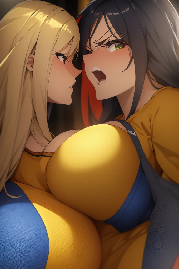 two women staring at each other, with rage, angry, BIG BREASTS, one with a COLOMBIA soccer team shirt (yellow, blue and red) and another with that of Argentina, no shields on shirts, only colors, 4k, Ultra Full HD, high quality