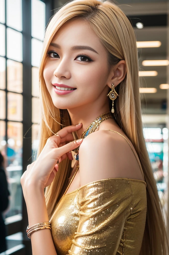 (masterpiece:1.4), (best quality:1.4), ultra high res, ultra high resolution, ((detailed facial features)), HDR, (realistic, photorealistic, photo-realistic:1.37), closeup, sexy seductive Thai woman, (seductive smile), long lashes, beautiful makeup, platinum blonde hair, fair skin, slender figure, elegant posture, wearing large sparkling colorful jewelery, wearing a business style leather dress, standing in a large shopping mall, gentle sunlight shining through the shopping mall windows, casting a soft glow on her face, adding warmth to the scene, vibrant colors, capturing the essence of vibrant city life, portrait style, showcasing her natural beauty and grace in a feminine way