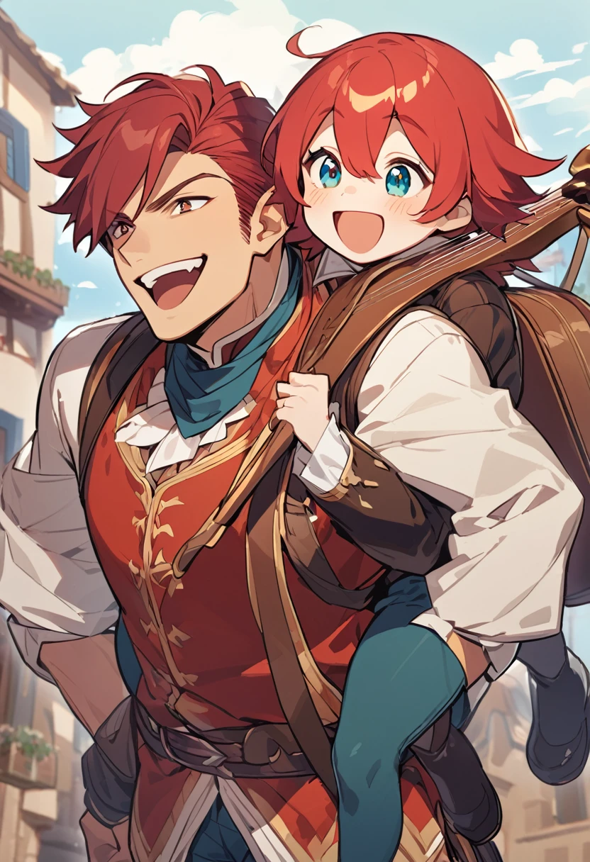 young boy, naughty man, tall and kinda thin, red hair, eyes browns, bard clothes, carries a lute on his back, Grinning, is he happy, him'is sitting on top of a worn out roof, in the background a small village with a bell in the middle, 2d art, anime styling, inspired by kvothe from the name of the wind