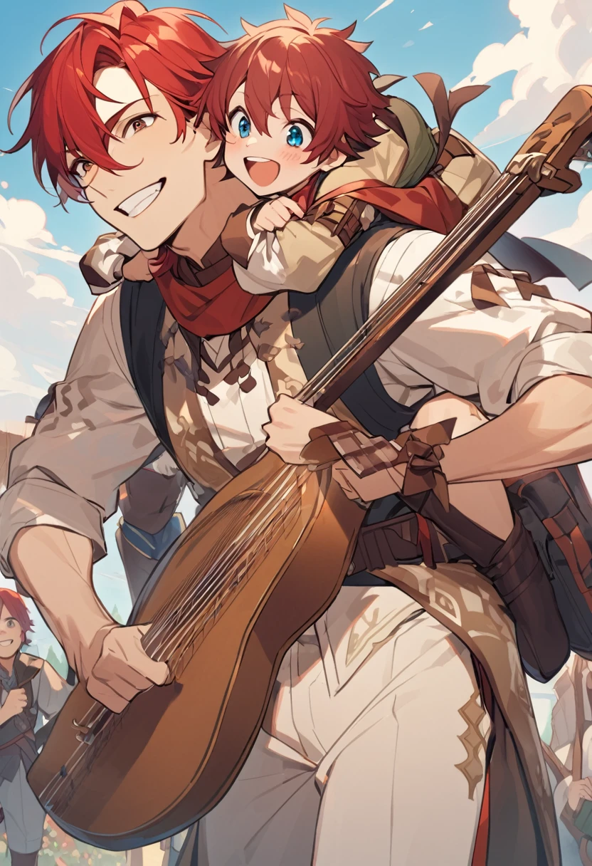 young boy, naughty man, tall and kinda thin, red hair, eyes browns, bard clothes, carries a lute on his back, Grinning, is he happy, him'is sitting on top of a worn out roof, in the background a small village with a bell in the middle, 2d art, anime styling, inspired by kvothe from the name of the wind