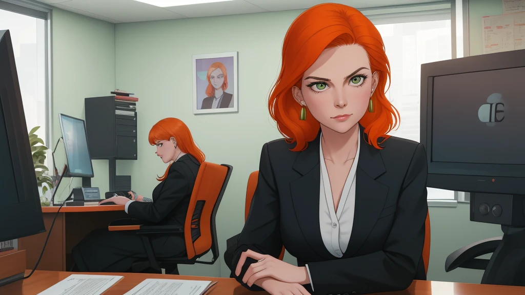 /draw orange hair woman green eyes sitting at desk talking on telephone with computer monitor, 1 9 8 0 s vaporwave business fashion, business woman, 1 9 8 0 s woman, woman in business suit, young business woman, denis velleneuve, female in office dress, sat at her desk, female lawyer, wearing a strict business suit, serious business, working hard, portrait of kim wexler