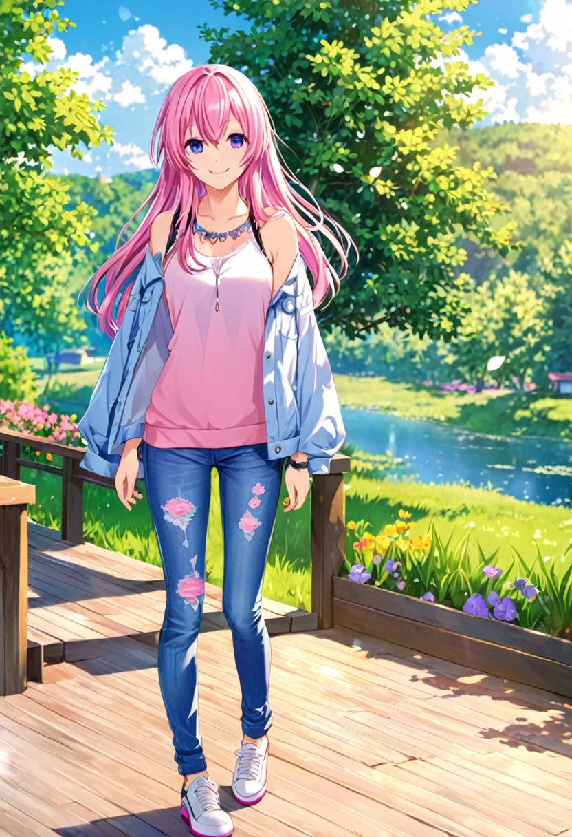 Megurine Luka smile casual clothes jeans colorful morning peace