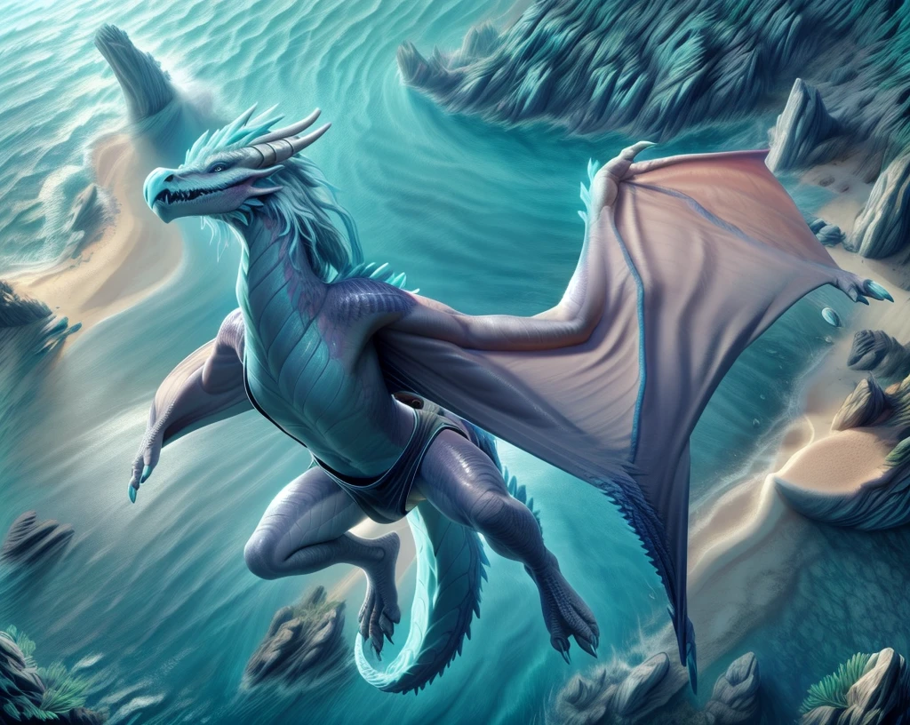 an extremely talented impressionist painting of mature AurothDOTA wyvern flying above water, hung in air, cyan water, clear water, see-through water, one feet touching water, flying at high speed, tropic island background, ocean, wet, masterpiece, best quality, ultra-high-detailed, feral, female, anthro, detailed scales, slim body, athletic, curvy, light blue mane, uploaded on e621, nsfw, questionable content, scalie, wings, tail, wyvern, 1girl, solo, bare arms, wet, strap slip, one-piece swimsuit, thighs, bare arms, wedgie, ass, from behind