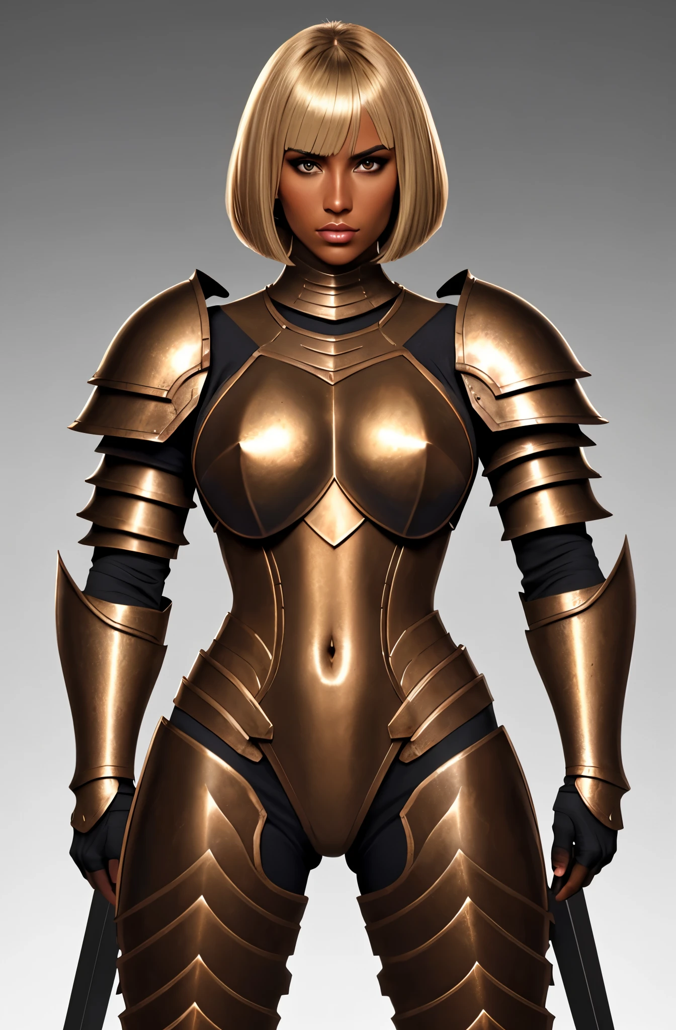 bronze skin, tanned, gorgeous woman, full body shot, muscular, blank background, black background, blonde, heavy armour, bobcut