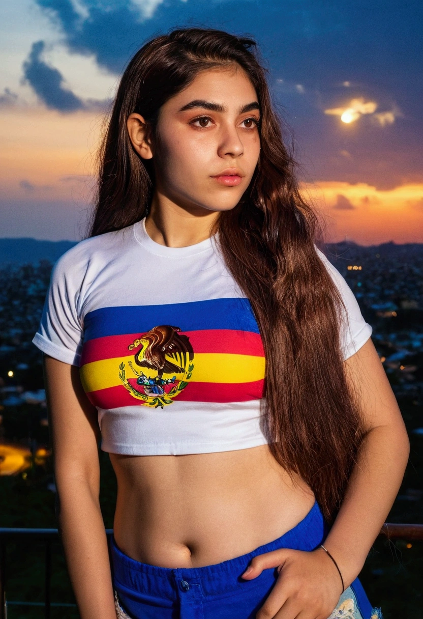 night, Free hair. evening, with long hair, Woman with brown hair, long and shiny hair, ☁🌪🌙👩🏾, she looks like a mix of grimes, leaked image, very very high quality image, with sunset, 18 years, chica sexy, hot sexy body, Thick, round belly, with colombia shirt, shorts and shirt of the Colombian team
