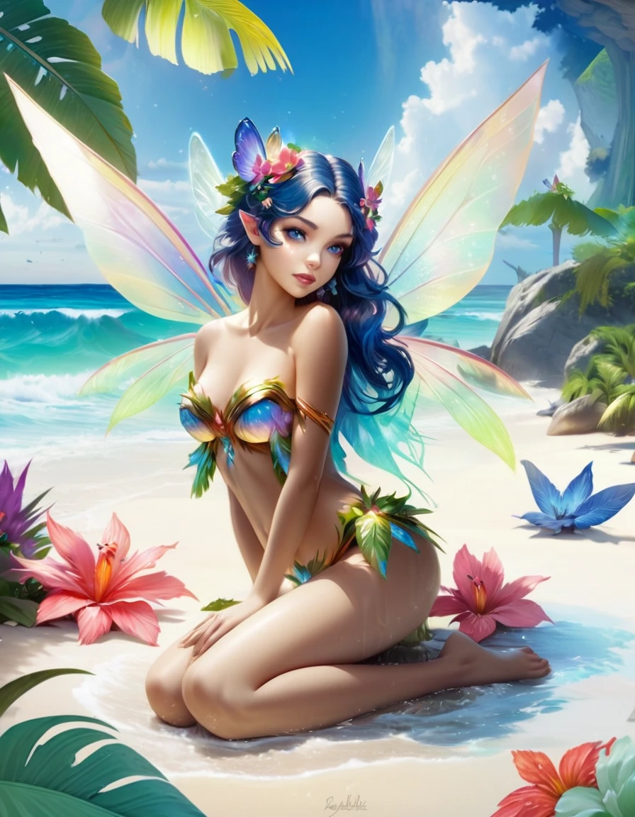 Woman in bikini sitting on beach holding flowers, Beautiful fairy, colorfull digital Fantasy art, beautiful adult fairy, Beautiful fairy, Beautiful fairys, beautiful Fantasy art, very beautiful Fantasy art, Beautiful digital art, Water Fairy, Brunette Fairy Woman, Fantasy Beautiful, Fantasy art style, digital art Fantasy art, amazing Fantasy art, Wonderful like a fairy, Fantasy art