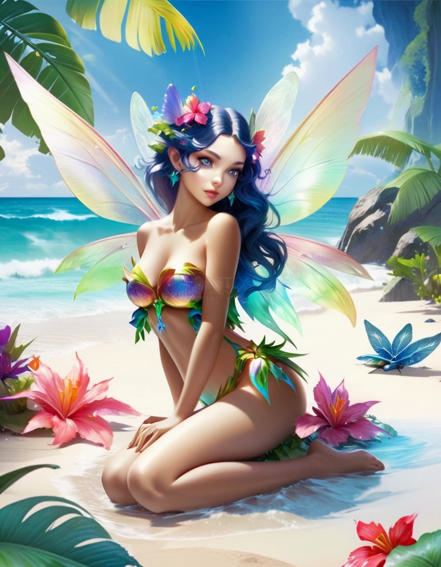 Woman in bikini sitting on beach holding flowers, Beautiful fairy, colorfull digital Fantasy art, beautiful adult fairy, Beautiful fairy, Beautiful fairys, beautiful Fantasy art, very beautiful Fantasy art, Beautiful digital art, Water Fairy, Brunette Fairy Woman, Fantasy Beautiful, Fantasy art style, digital art Fantasy art, amazing Fantasy art, Wonderful like a fairy, Fantasy art