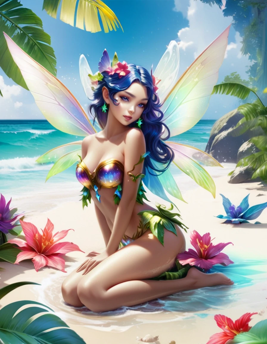 Woman in bikini sitting on beach holding flowers, Beautiful fairy, colorfull digital Fantasy art, beautiful adult fairy, Beautiful fairy, Beautiful fairys, beautiful Fantasy art, very beautiful Fantasy art, Beautiful digital art, Water Fairy, Brunette Fairy Woman, Fantasy Beautiful, Fantasy art style, digital art Fantasy art, amazing Fantasy art, Wonderful like a fairy, Fantasy art