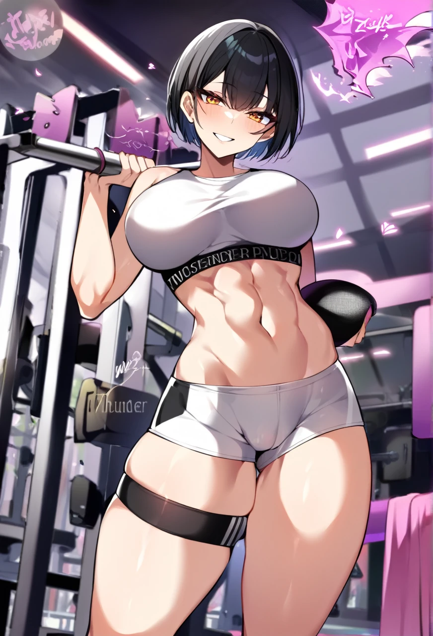 Adult Female, alone, very short hair, buzzed sides, Pixie cut hairstyle, black hair with thin red highlight, orange irises, mature, medium breasts, toned body, well defined abs, mischievous grin, gym, white sports bra, thin compression shorts, thunder thighs, bulge in pants, no nudity, no exposed body, high detailed, high quality, best quality, perfect irises, perfect hands, perfect fingers