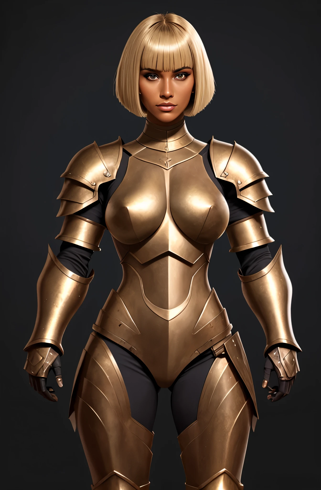 bronze skin, tanned, gorgeous woman, full body shot, muscular, blank background, black background, blonde, heavy armour, bobcut
