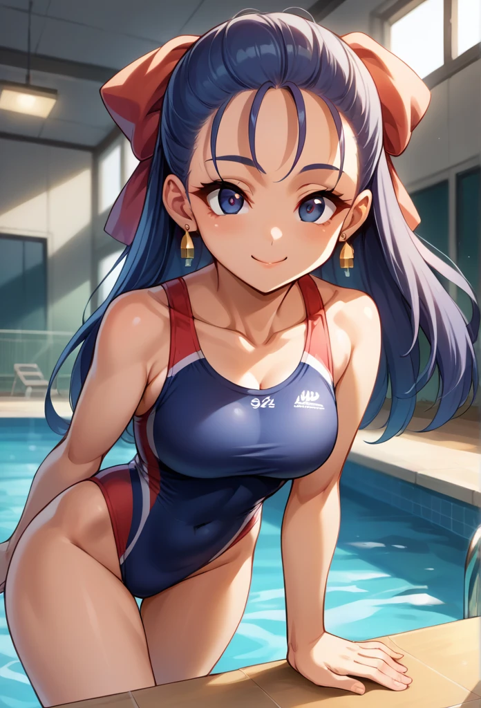 score_9, score_8_up, score_7_up, score_6_up, source_anime, BREAK 1girl, nera, hair ribbon, , earrings, red competitive swimsuit, , staring at you, medium bust, , happy, smiling, mouth closed, full body, standing pose, indoor pool